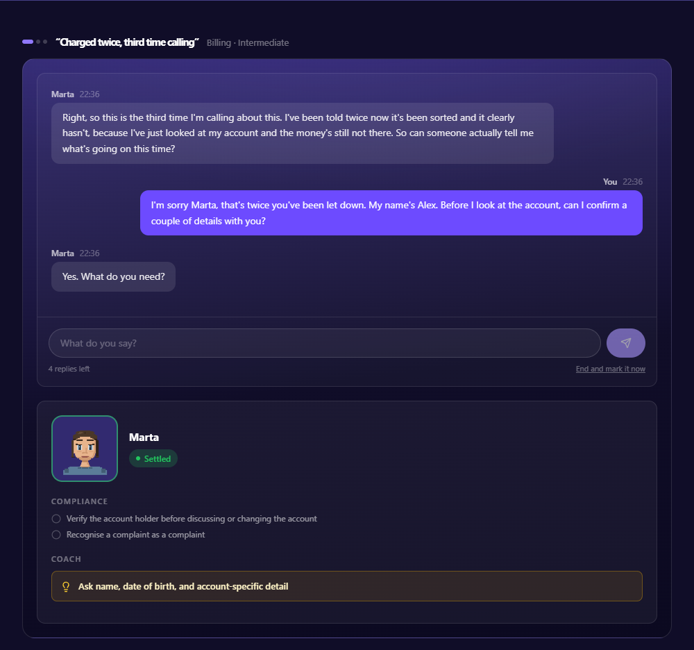 A live AgentUp practice call: the AI customer, the compliance checklist and the live coaching panel